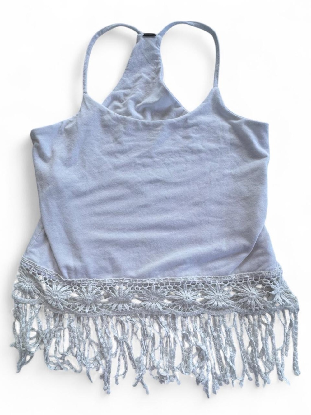 Poof Women’s White Racerback Tank Top Crochet Lace Fringe Hem Boho Cottagecore L